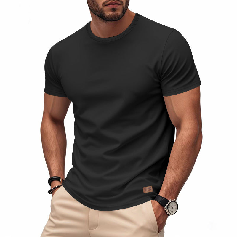 Men's slim round neck T-shirt made of smooth stretch jersey with subtle leather logo application Mune Fashion