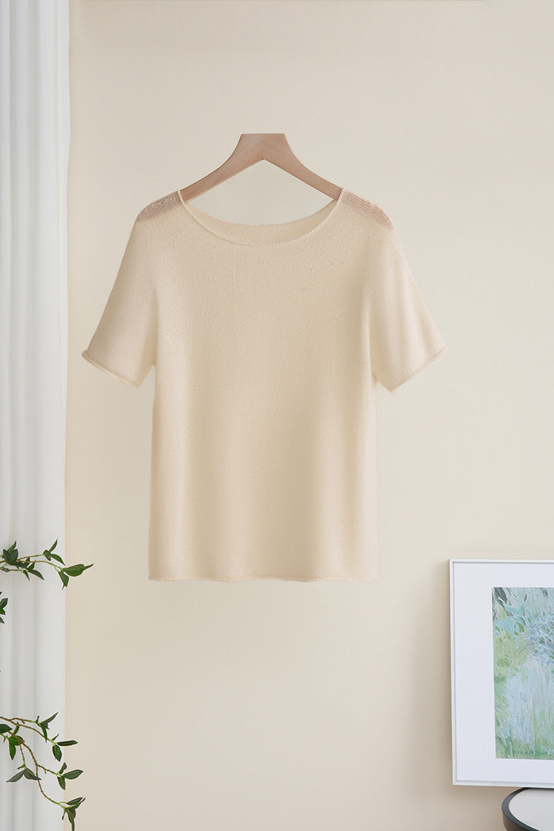 Ladies Soft Fine Knit T-Shirt with Half Sleeves, Wide Boat Neck and Fine Structure Mune Fashion