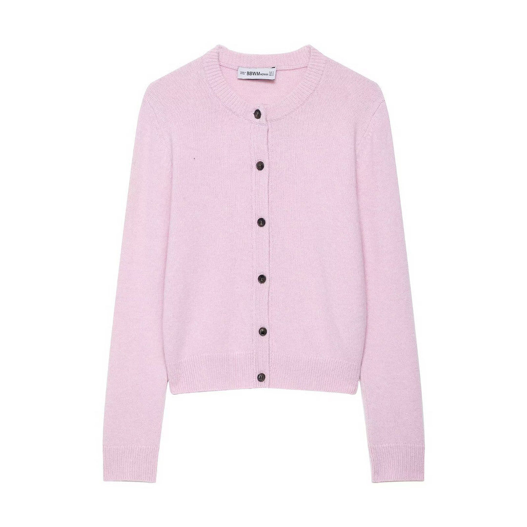 Women Short-Cut Fine Knit Cardigan with Round Neck and Ribbed Cuffs Mune Fashion