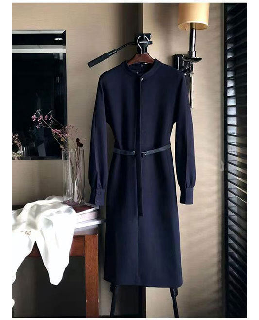 Women's Tailored Midi Dress with Stand-up Collar, Concealed Button Placket and Tie Belt Mune Fashion