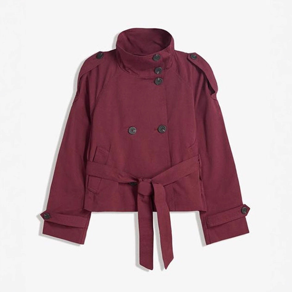 Women's Short Cut Trench Cape with Removable Sleeves, Stand-Up Collar and Double-Breasted Mune Fashion
