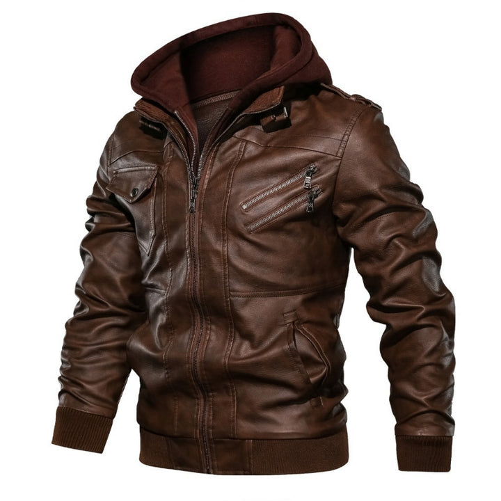 Men's Faux Leather Bomber Jacket with Hood Fleece Lining and Multiple Pockets Mune Fashion