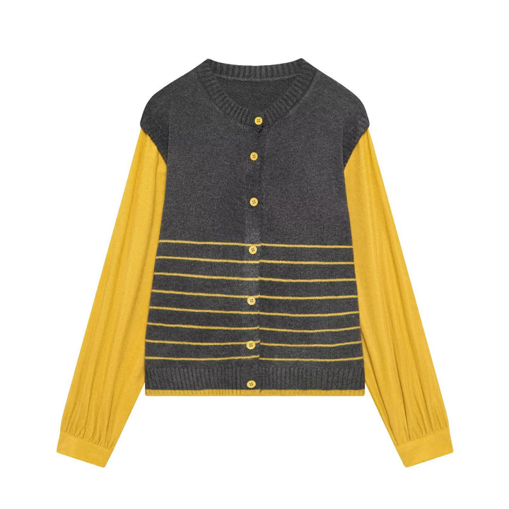Ladies Layered Look Knit Cardigan with Striped Vest Insert and Volume Sleeves Mune Fashion