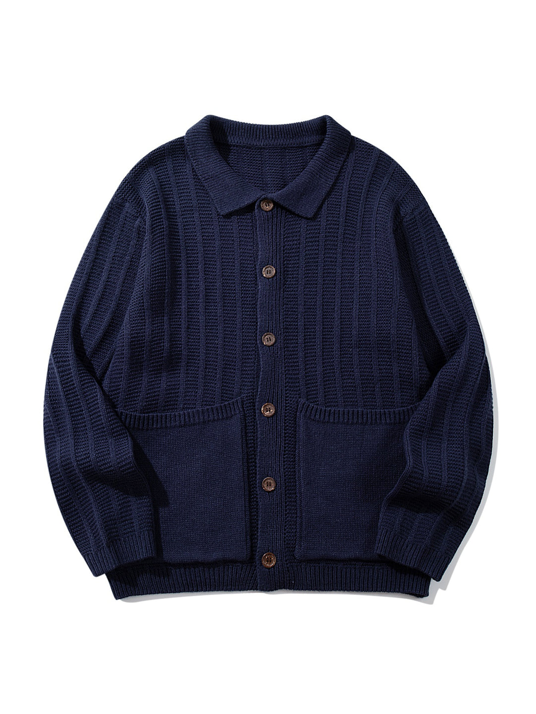 Unisex Textured Knit Cardigan with Shirt Collar and Patch Pockets Mune Fashion