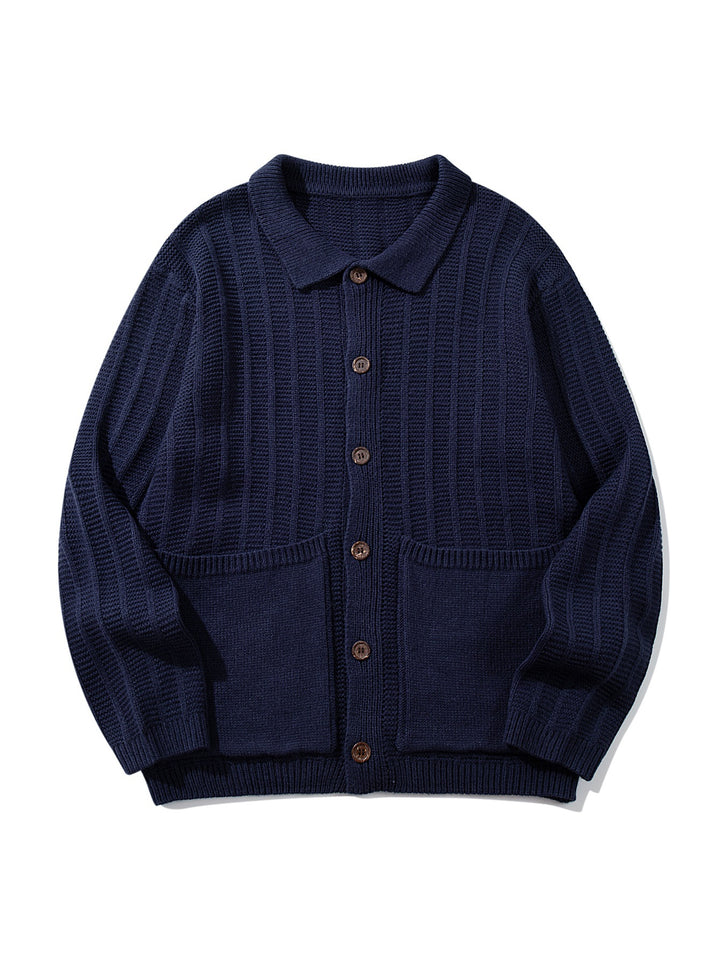 Unisex Textured Knit Cardigan with Shirt Collar and Patch Pockets Mune Fashion