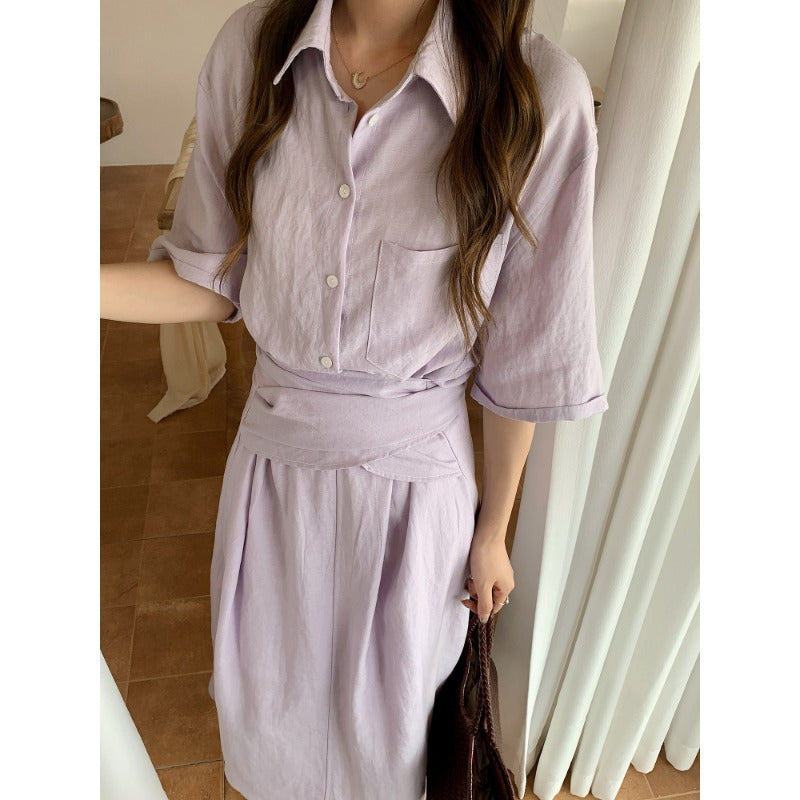 Women's Two-Piece Linen Look Blouse and Midi Skirt Set with Tailored Waist Mune Fashion