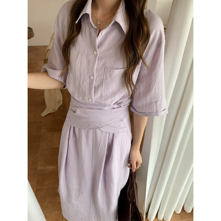 Women's Two-Piece Linen Look Blouse and Midi Skirt Set with Tailored Waist Mune Fashion