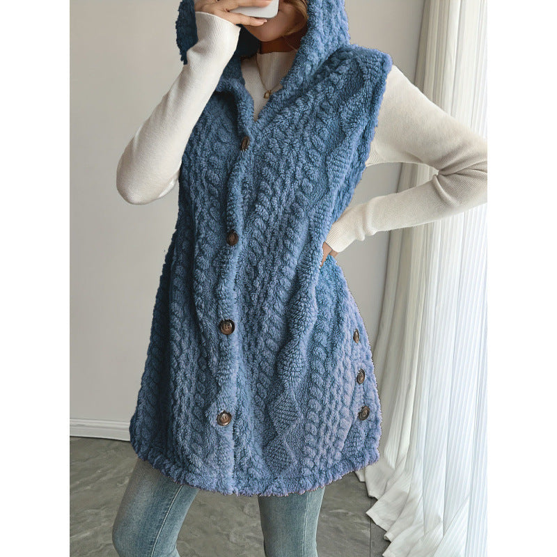 Women's Hooded Teddy Vest with Structured Cable Knit Pattern and Decorative Button Placket Mune Fashion