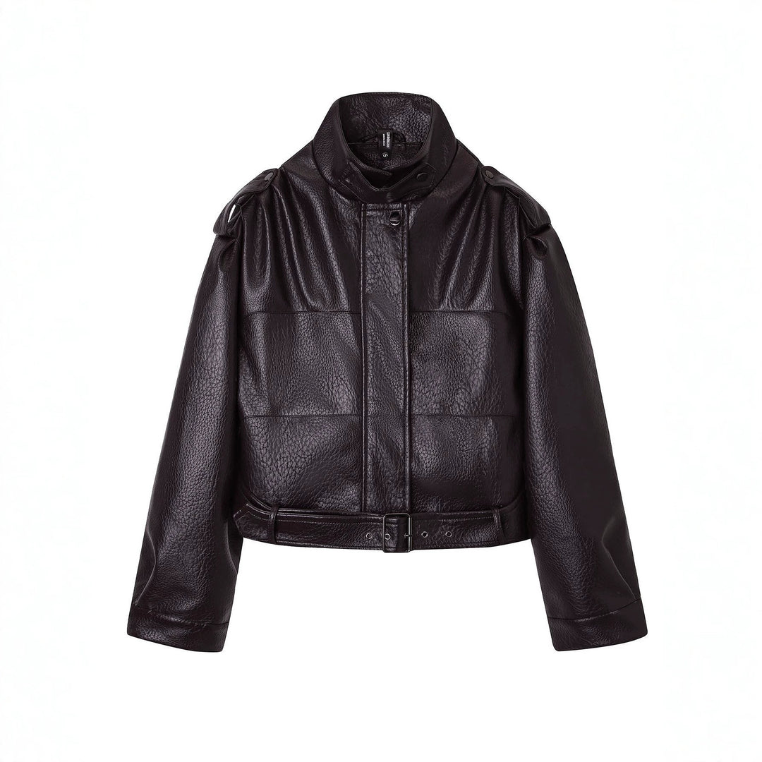 Ladies Fashion Faux Leather Jacket with Belt Mune Fashion