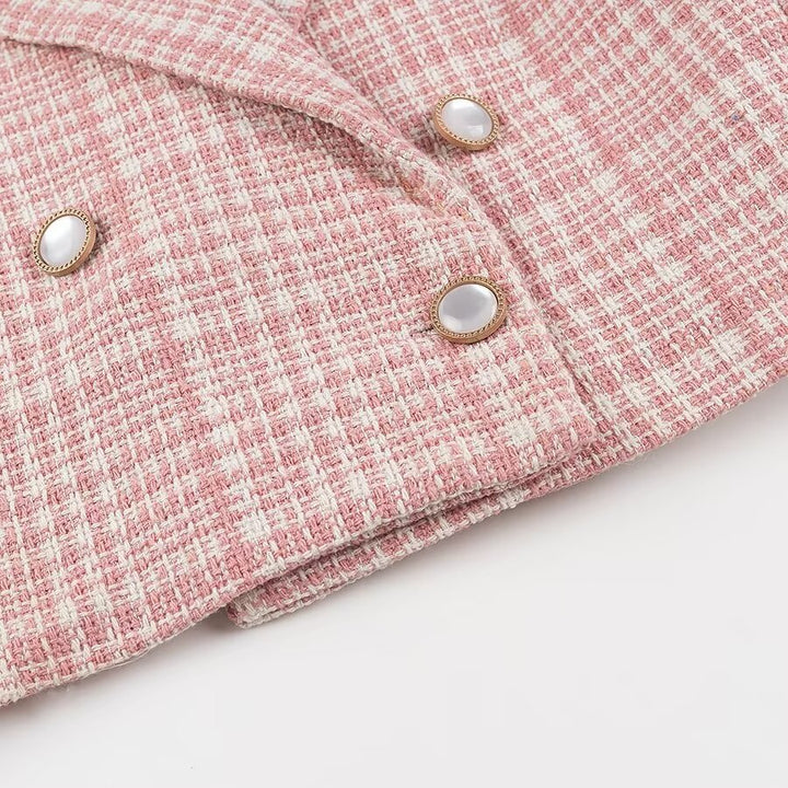 Women's Short Blazer in Boucle Tweed with Lapel Collar and Decorative Buttons Mune Fashion