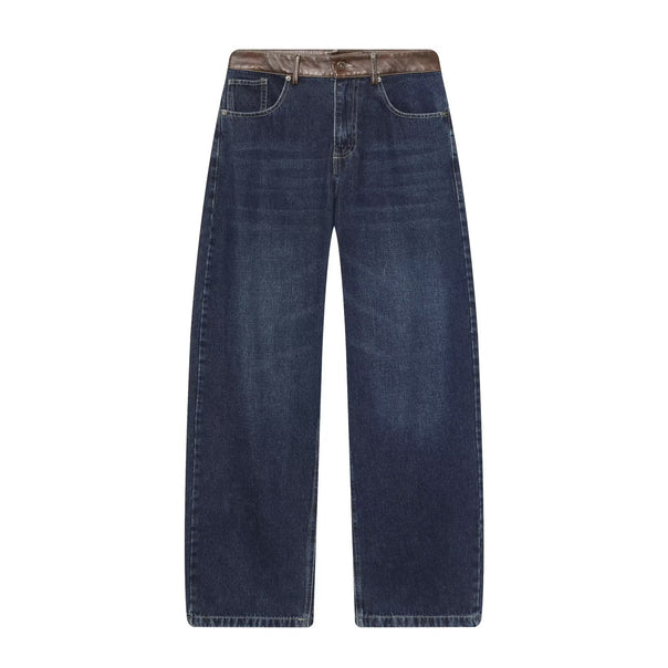 Women high-waisted jeans with wide leg and leather trim at the waistband Mune Fashion