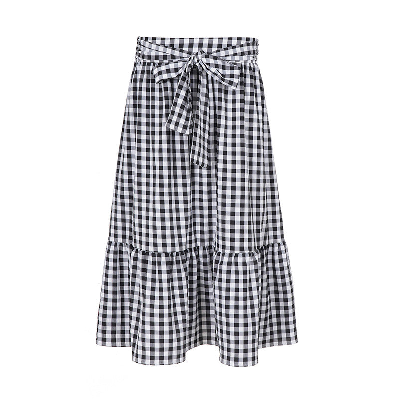 Women's Checked Midi Skirt with High Waist Tie and Tiered Ruffle Mune Fashion