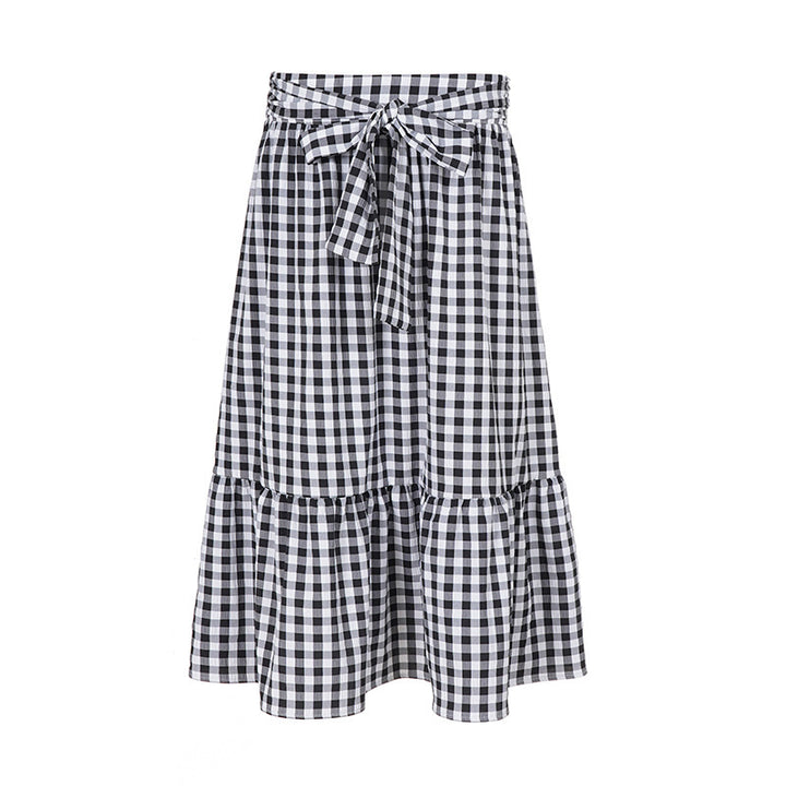 Women's Checked Midi Skirt with High Waist Tie and Tiered Ruffle Mune Fashion