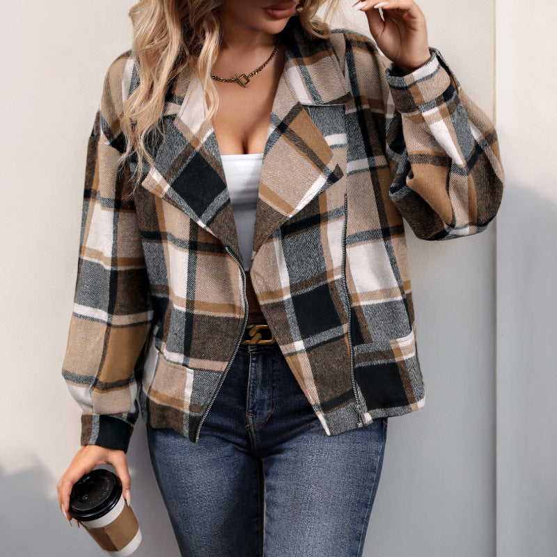 Women's Oversized Check Shacket with Notched Collar, Zipper & Patch Pockets Mune Fashion