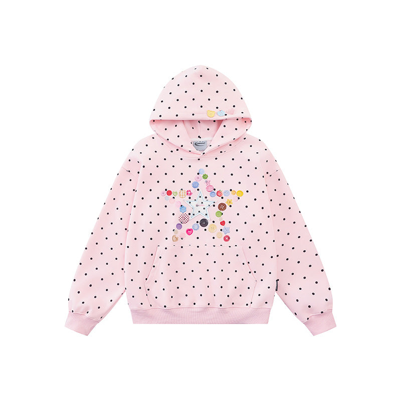 Women's hoodie with button star appliqué, allover polka dot and kangaroo pocket Mune Fashion