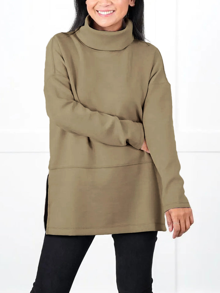 Women's Oversize Sweat Tunic with High Roll Neck, Side Slits and Extended Hem Mune Fashion