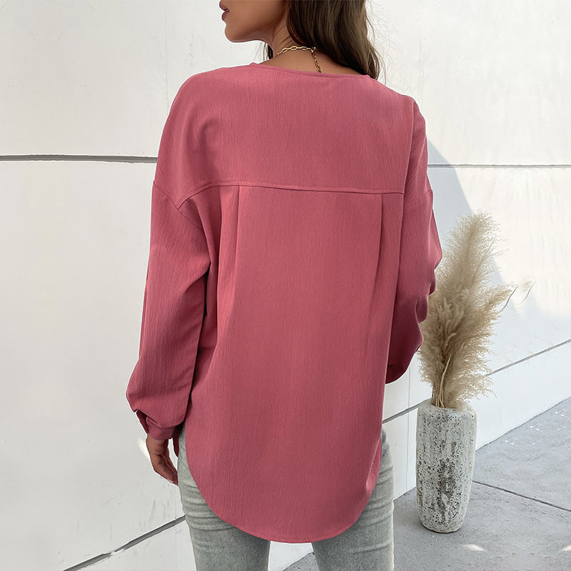 Women's Textured Henley Blouse Shirt with Button Placket and Chest Pocket Mune Fashion