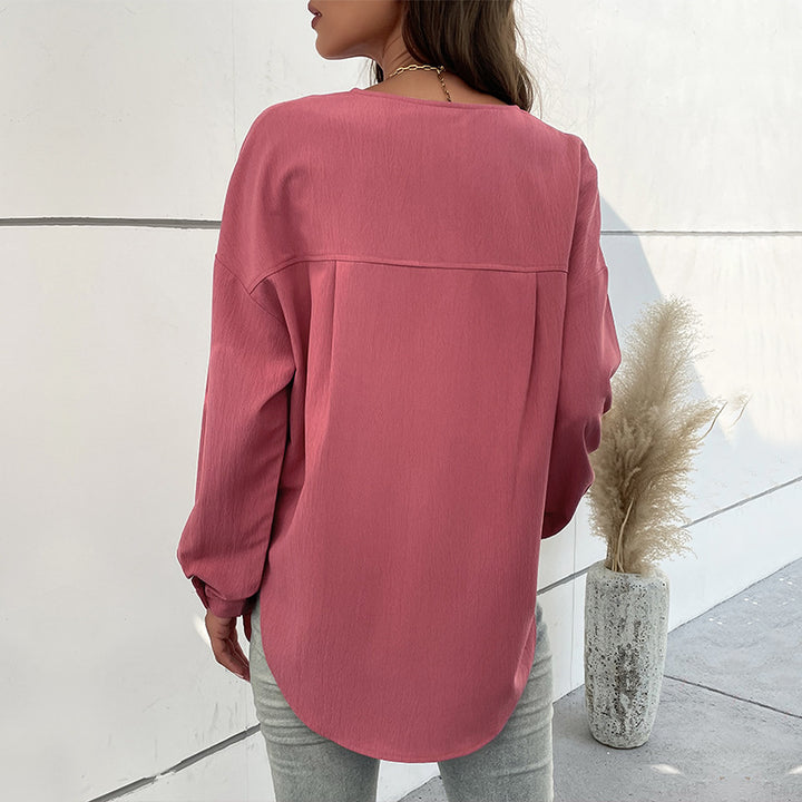 Women's Textured Henley Blouse Shirt with Button Placket and Chest Pocket Mune Fashion