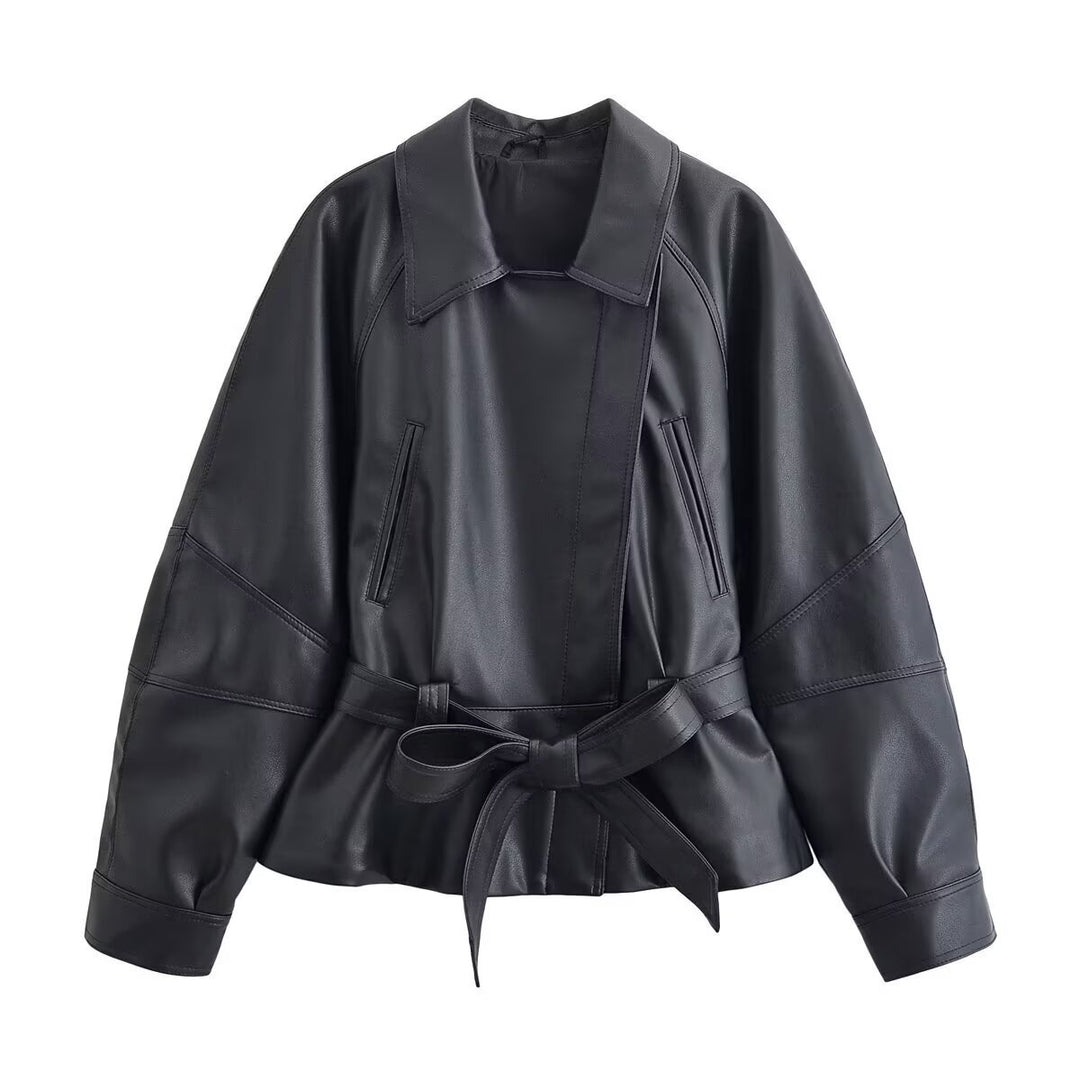 Women's short cut leather look jacket with waist belt and raglan sleeves Mune Fashion
