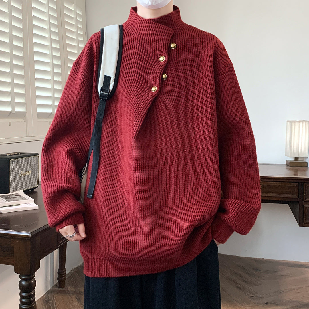 Men's Oversized Ribbed Sweater with Asymmetric Button Collar Mune Fashion
