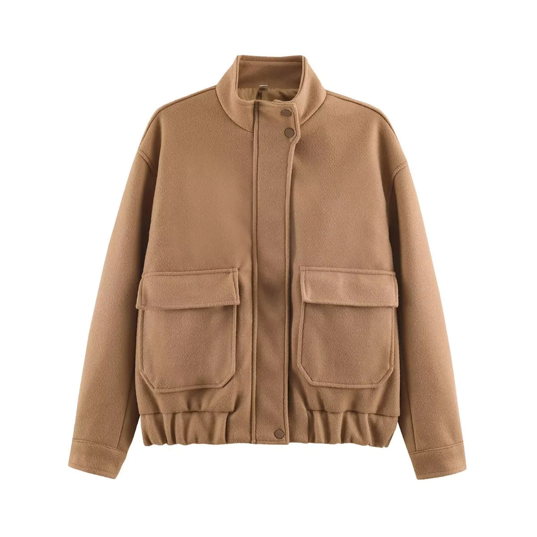 Women's short-cut boxy wool blouson with stand-up collar, elastic waistband, and large patch flap pockets Mune Fashion
