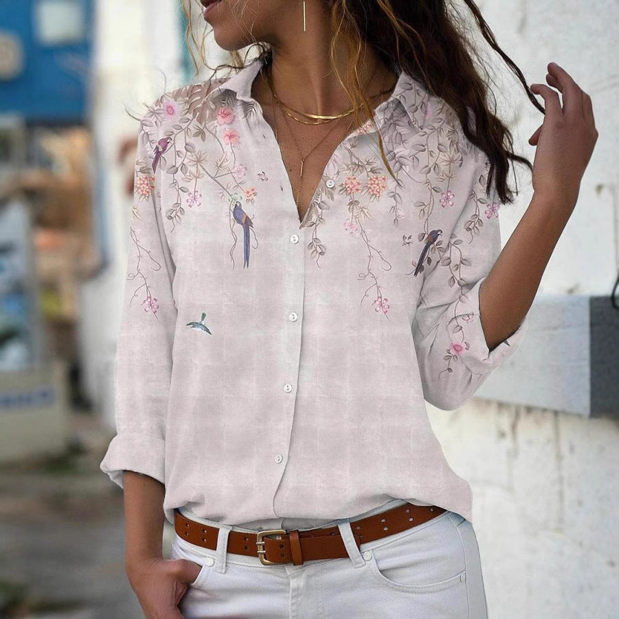 Women’s lightweight chiffon blouse with floral bird print, button placket and casual cut Mune Fashion