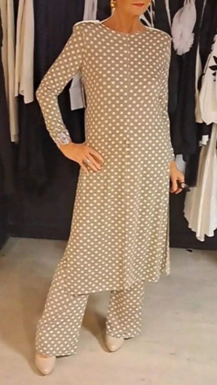 Women Nan Polka Dot Lounge Set with Long A-Line Tunic, Center Front Slit, and Wide Palazzo Pants Mune Fashion