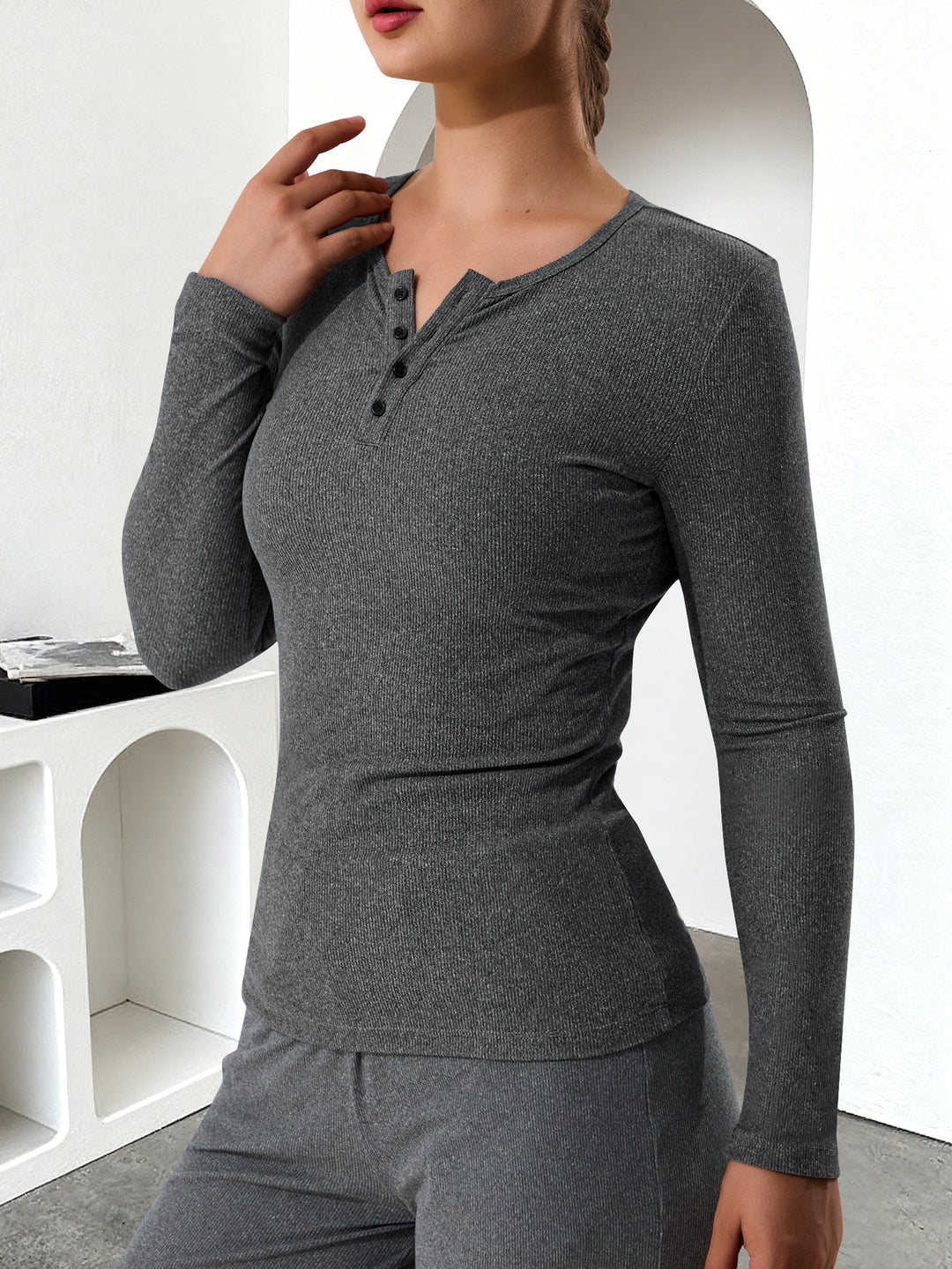 Women's Ribbed Henley Long Sleeve Shirt with Button Placket and Fitted Cut Mune Fashion