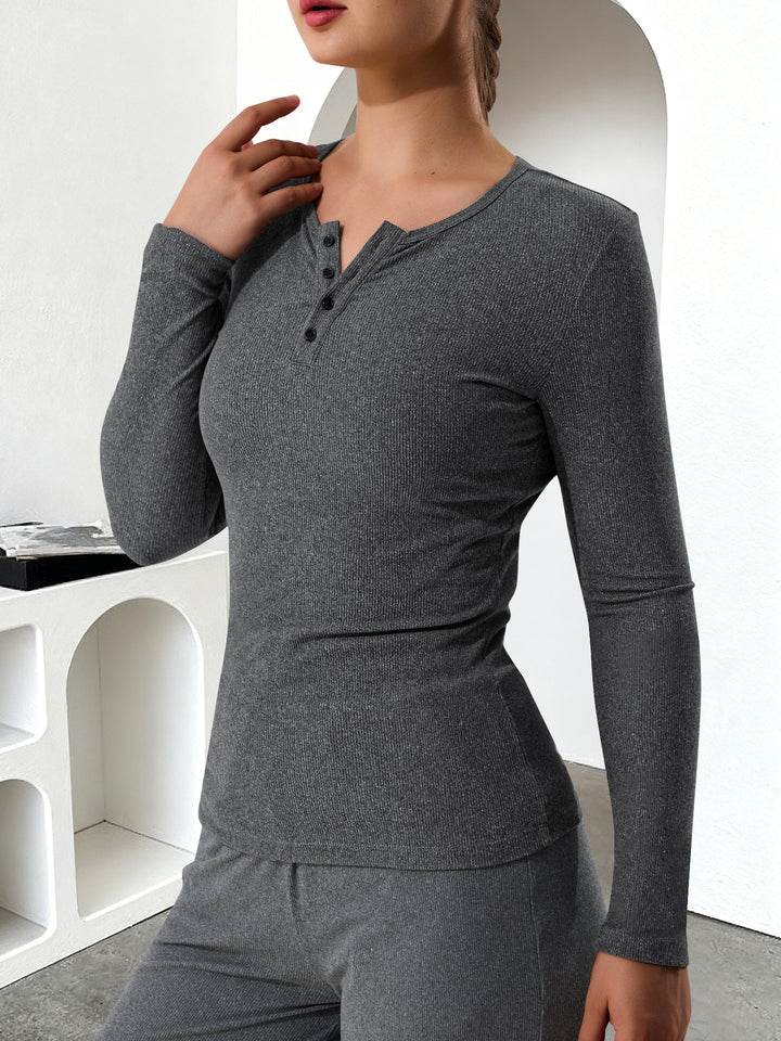 Women's Ribbed Henley Long Sleeve Shirt with Button Placket and Fitted Cut Mune Fashion