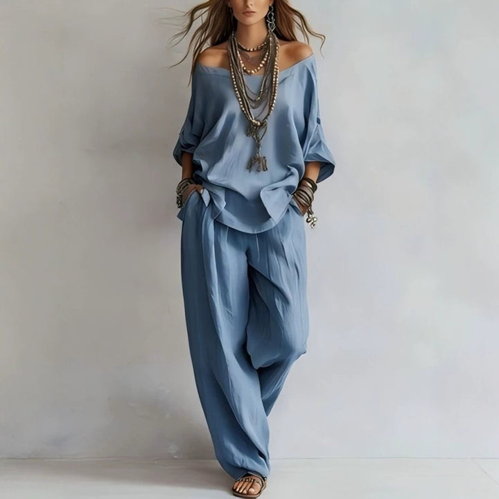 Women's Casual Lightweight Lounge Set with Off-the-Shoulder Neckline and Palazzo Pants Mune Fashion