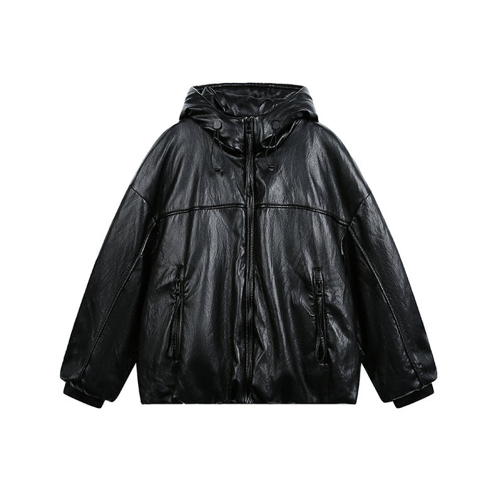 Men's Oversized Faux Leather Jacket with Hood and Zipper Mune Fashion