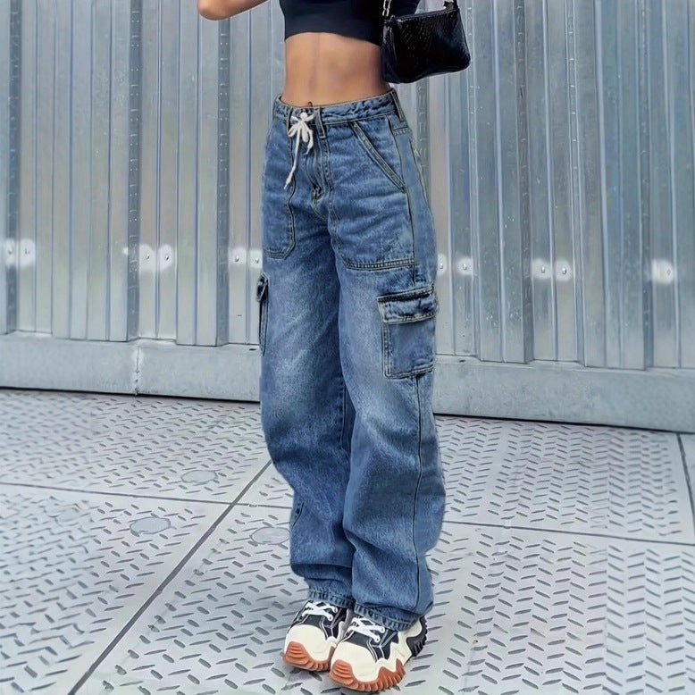 Women's cargo jeans in baggy look with high waist, drawstring and flap pockets Mune Fashion