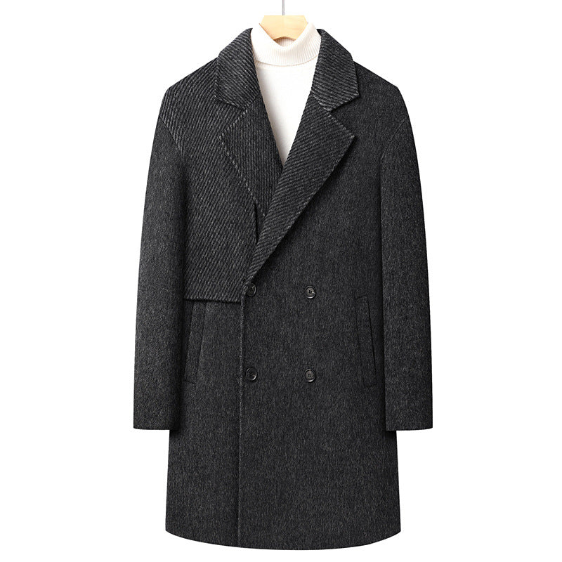 Men's Long Double-Breasted Wool Blend Coat with Textured Lapel Mune Fashion