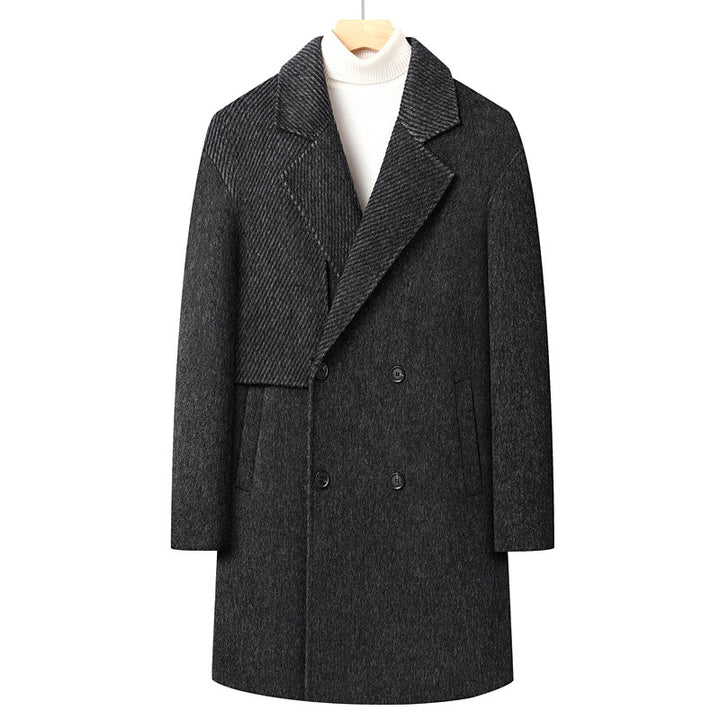 Men's Long Double-Breasted Wool Blend Coat with Textured Lapel Mune Fashion