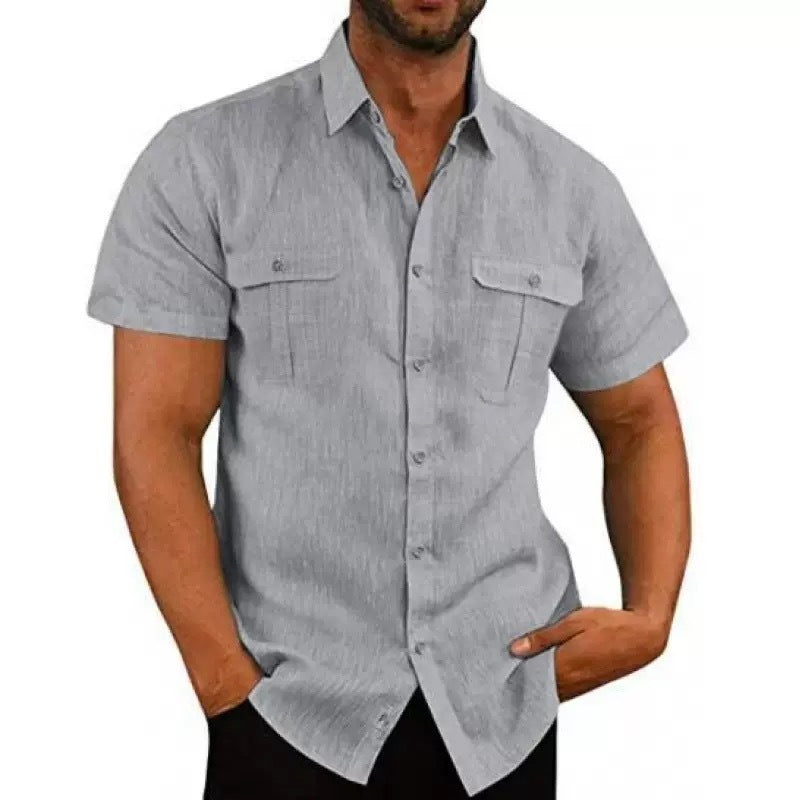 Men's structured short sleeve shirt in linen gauze look with flap pockets and rounded hem Mune Fashion