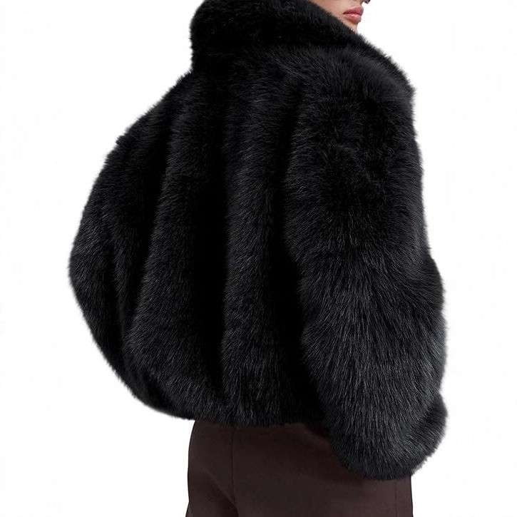 Women's short jacket made of vegan high-pile faux fur in a straight boxy cut with concealed zipper Mune Fashion