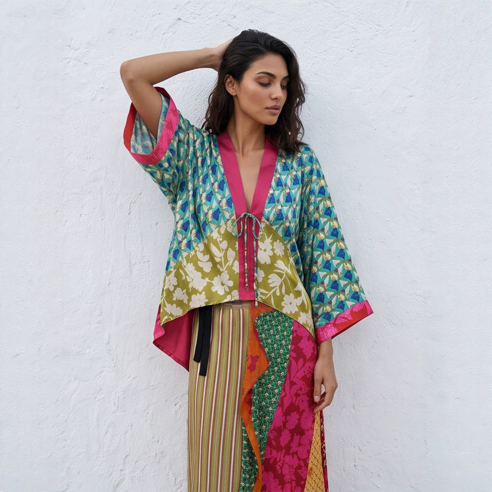 Women's Patchwork Kimono Top made of silk blend with deep V-neck and tie belt Mune Fashion