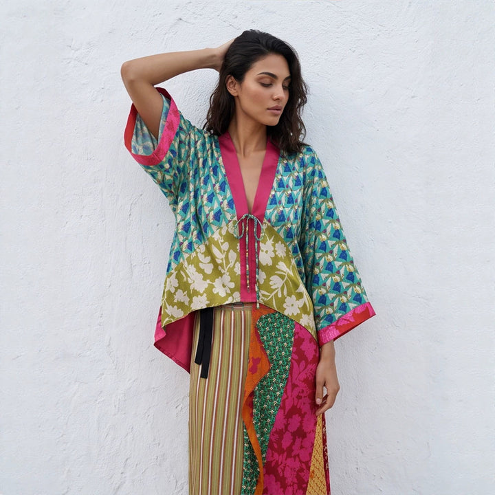 Women's Patchwork Kimono Top made of silk blend with deep V-neck and tie belt Mune Fashion