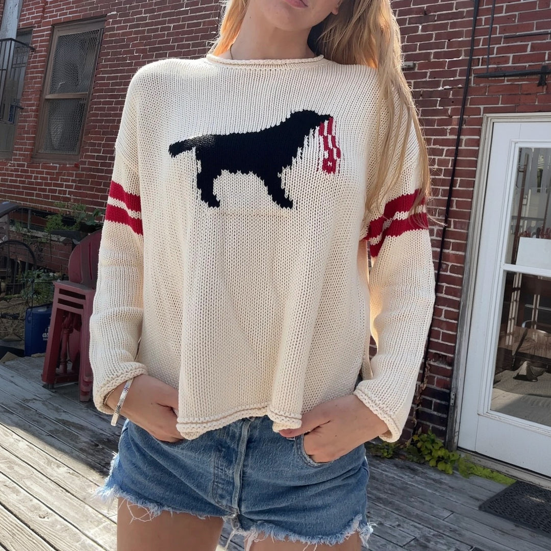Women’s chunky knit sweater with dog jacquard and sports stripes Mune Fashion