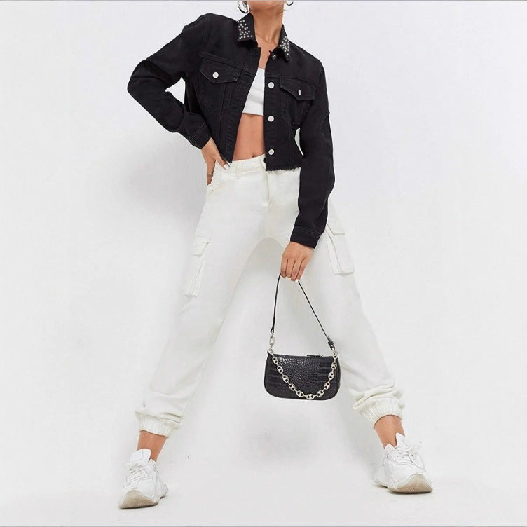 Women's Cropped Denim Jacket with Studded Collar, Frayed Hem and Flap Pockets Mune Fashion