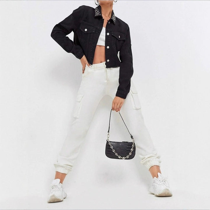 Women's Cropped Denim Jacket with Studded Collar, Frayed Hem and Flap Pockets Mune Fashion