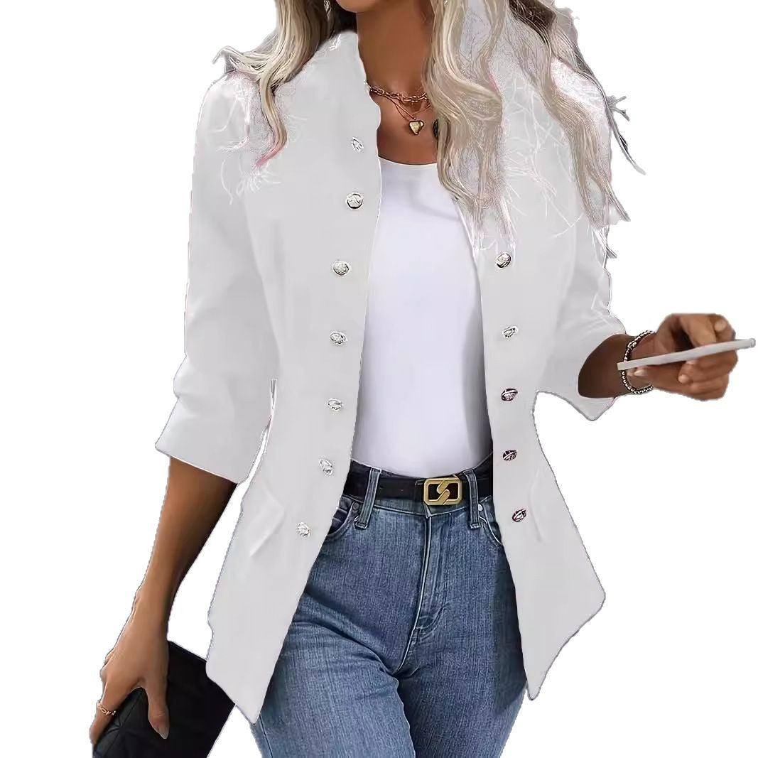 Ladies nan tailored long blazer with standing collar, decorative metal button strip and 3/4 sleeves Mune Fashion