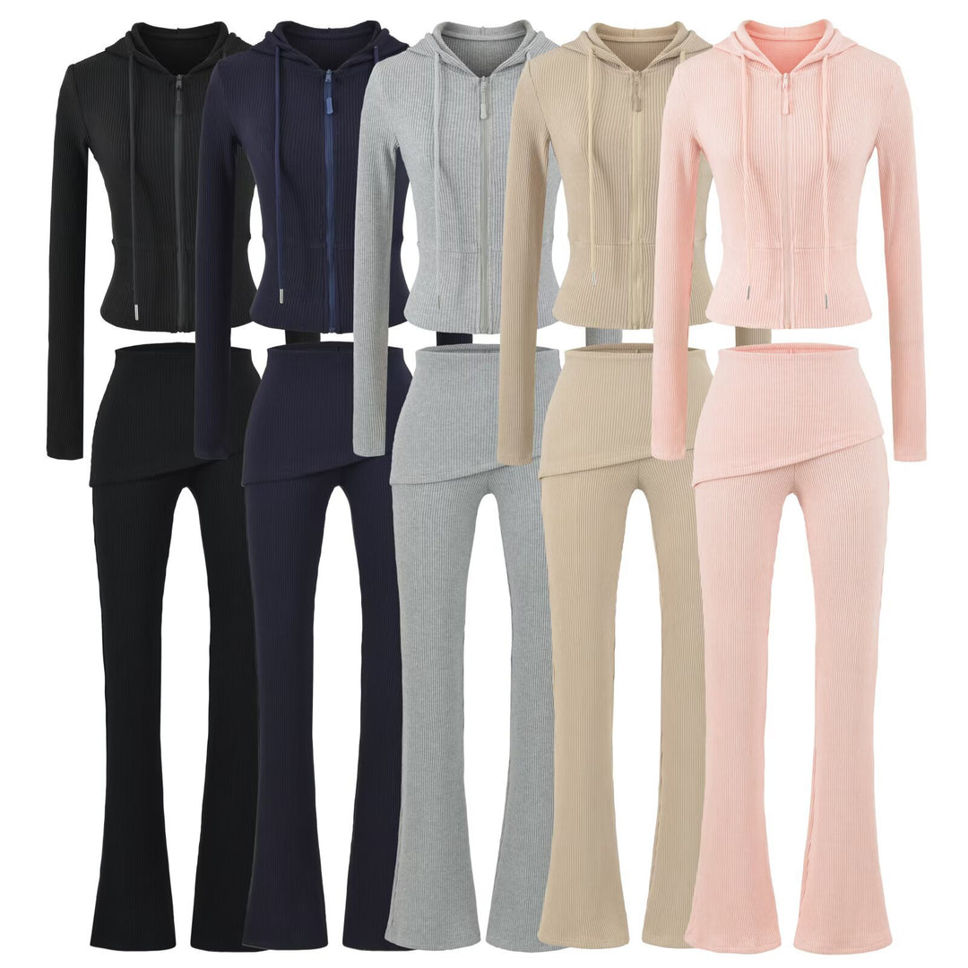 Women's Ribbed Lounge Set with Hooded Jacket and Wrap Waist Pants Mune Fashion