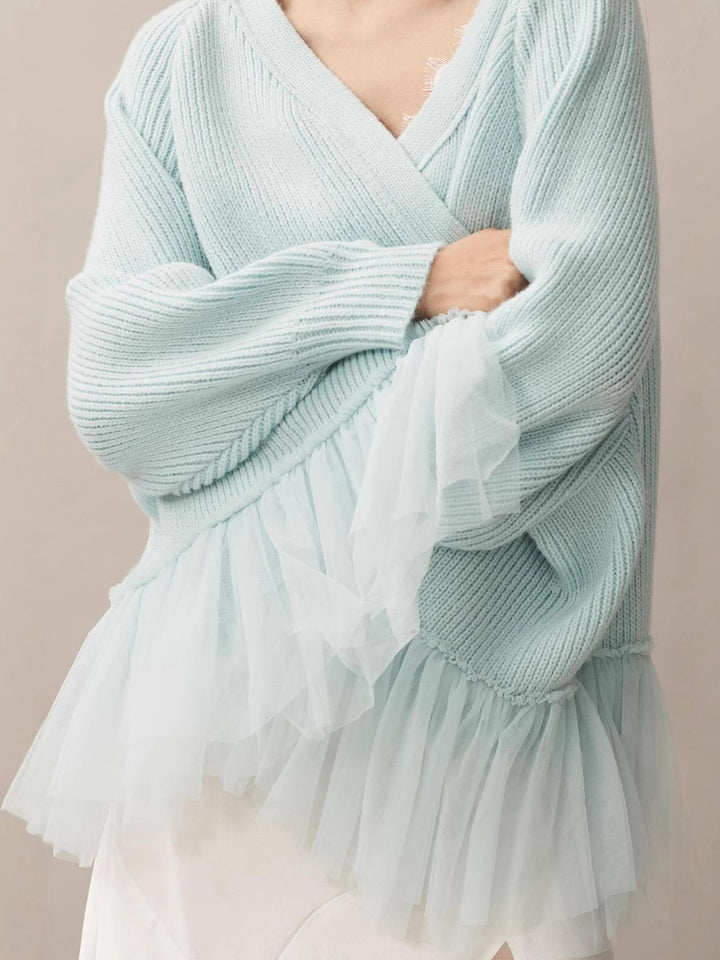 Women's Fashion Knit Sweater with Tulle Details