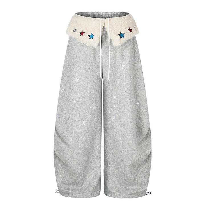 Women's Extra Wide Palazzo Jogging Pants with Teddy Waistband, Drawstring, and Star Embroidery Mune Fashion