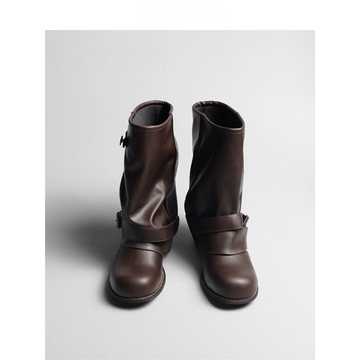 Women Slouchy Biker Boots in Leather Look with Adjustable Buckle Strap and Medium Block Heel Mune Fashion