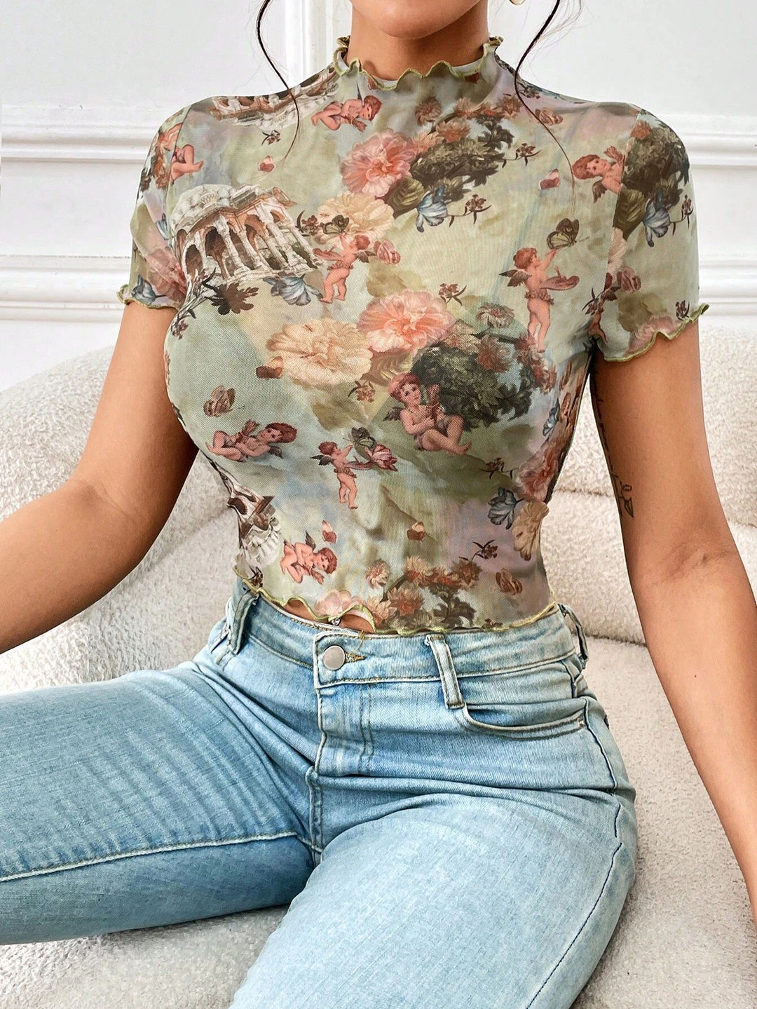Women nan figure-hugging transparent mesh top with baroque angel print, stand collar and ruffled hem Mune Fashion