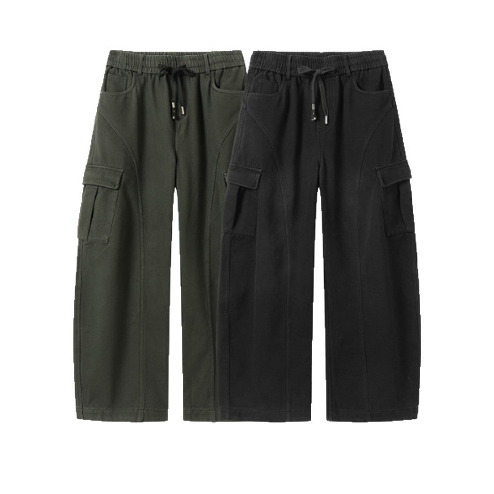 Men's Wide Cargo Pants with Drawstring Waist and Multiple Flap Pockets Mune Fashion
