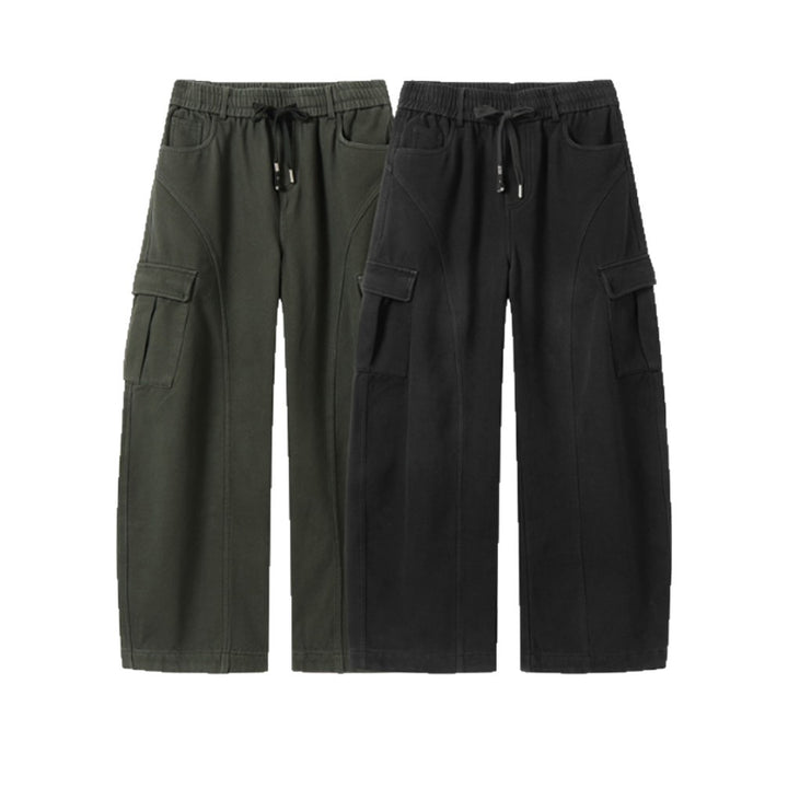 Men's Wide Cargo Pants with Drawstring Waist and Multiple Flap Pockets Mune Fashion