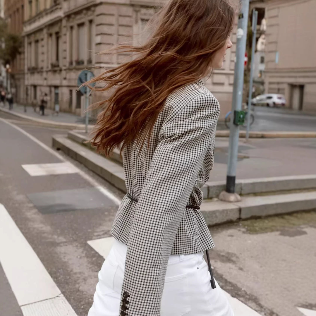Women's Short Blazer Double-Breasted in Vichy Check with Drawstring Waist Mune Fashion
